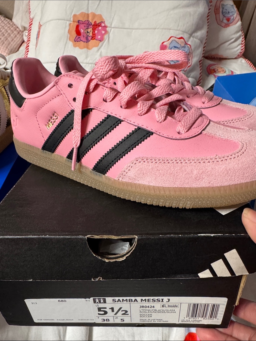 adidas Kids Pink Samba Messi J Sneakers with Black Stripes